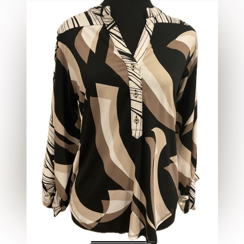 Alfani Petite Stylish Black and Tan Abstract Women's Top